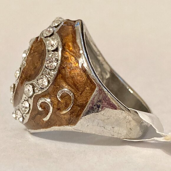 Vintage Brown Enamel Swirl Crystal Cocktail Ring Art Deco Silver Plated Size 8 - Picture 7 of 12